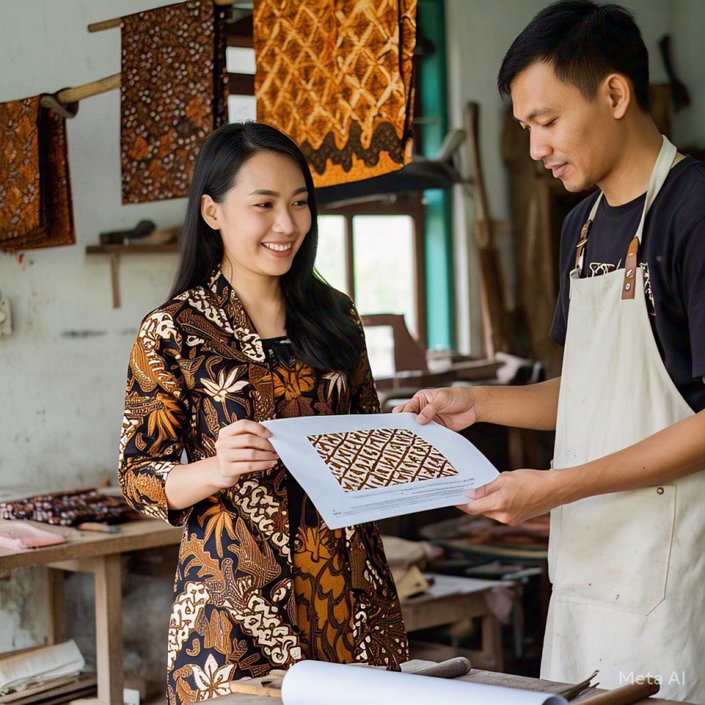 Ilustrasi seorang desainer yang mendesain motif batik, menyerahkan hasil desainnya untuk dikerjakan perajin batik.