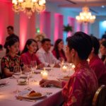 Ilustrasi perjamuan makan malam dengan tamu menggunakan busana batik.
