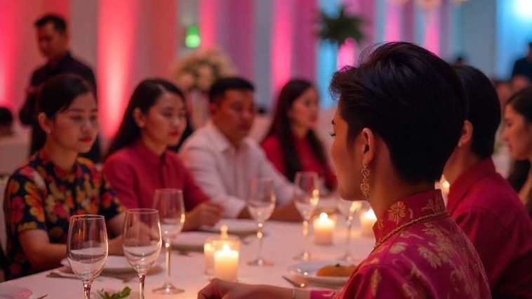 Ilustrasi perjamuan makan malam dengan tamu menggunakan busana batik.