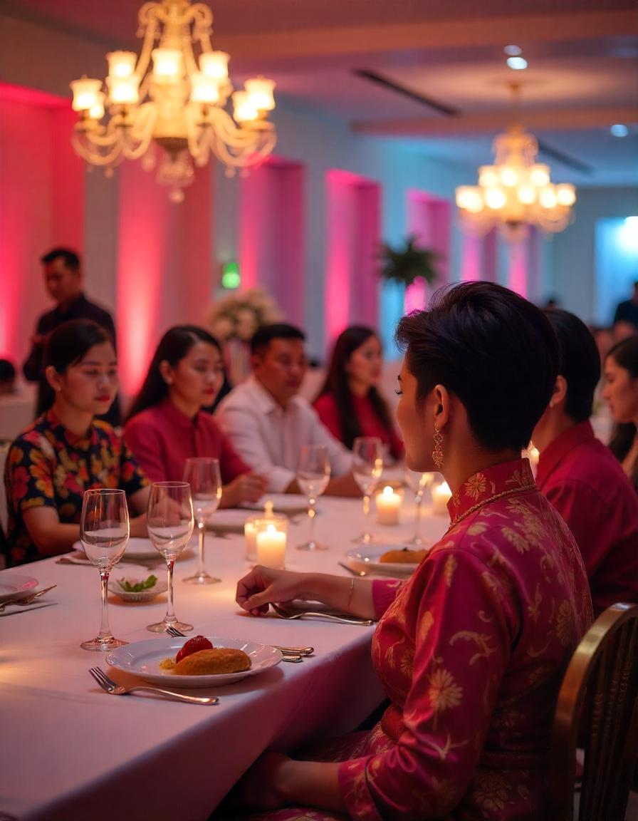Ilustrasi perjamuan makan malam dengan tamu menggunakan busana batik.
