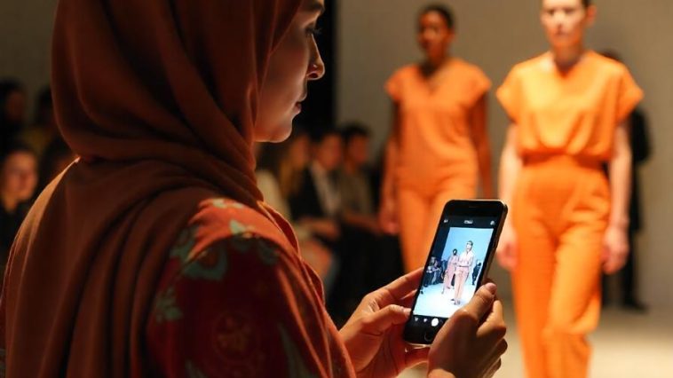 Ilustrasi seorang jurnalis sedang meliput kegiatan fashion show batik.