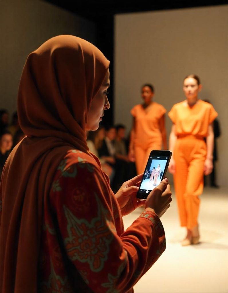 Ilustrasi seorang jurnalis sedang meliput kegiatan fashion show batik.