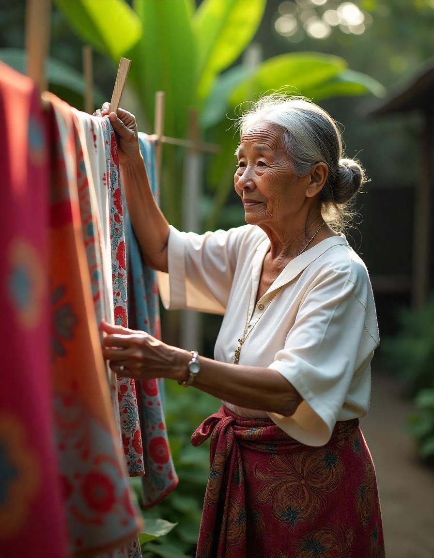 Ilustari seorang perajin sedang menjemur batik