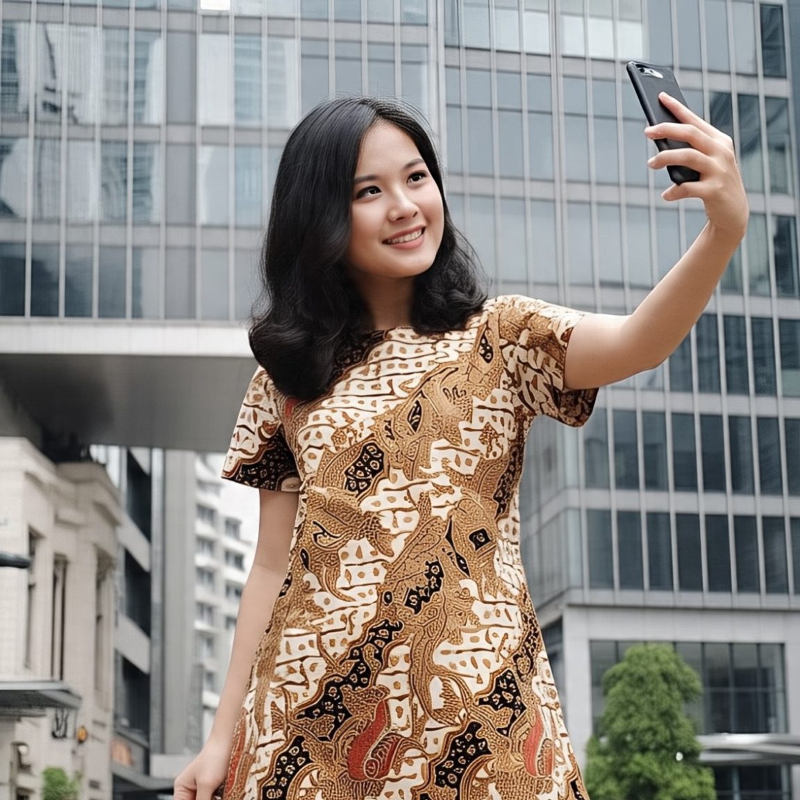 Seorang remaja mengenakan batik sedang selfie untuk feed instagram-nya.