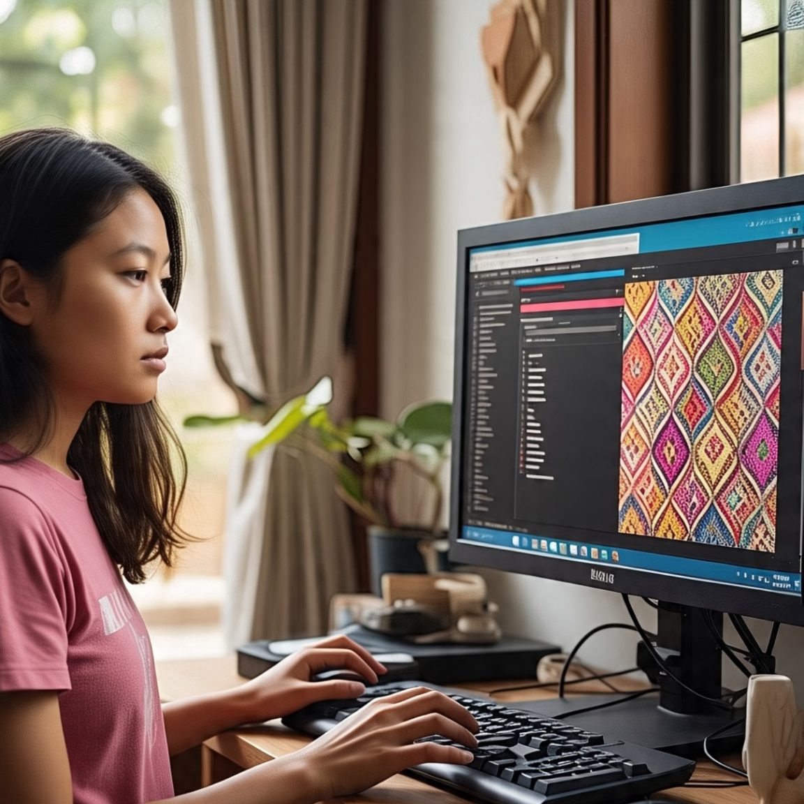 seorang remaja sedang mendesain batik fraktal untuk diinput menjadi batik AI