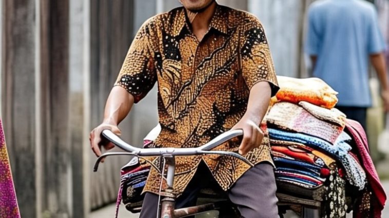 Ilustrasi penjual batik tempo dulu berkeliling menawarkan kain batik.