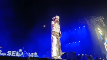 eaJ Park tampil memukau di Prambanan Jazz 2025, kenakan batik Nusantara dan suarakan solidaritas untuk Palestina di atas panggung.