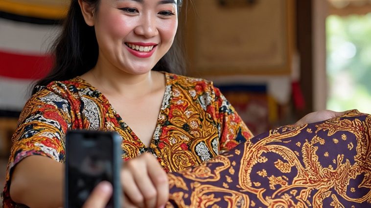 Ilustrasi seorang wanita sedang berjualan batik secara live online