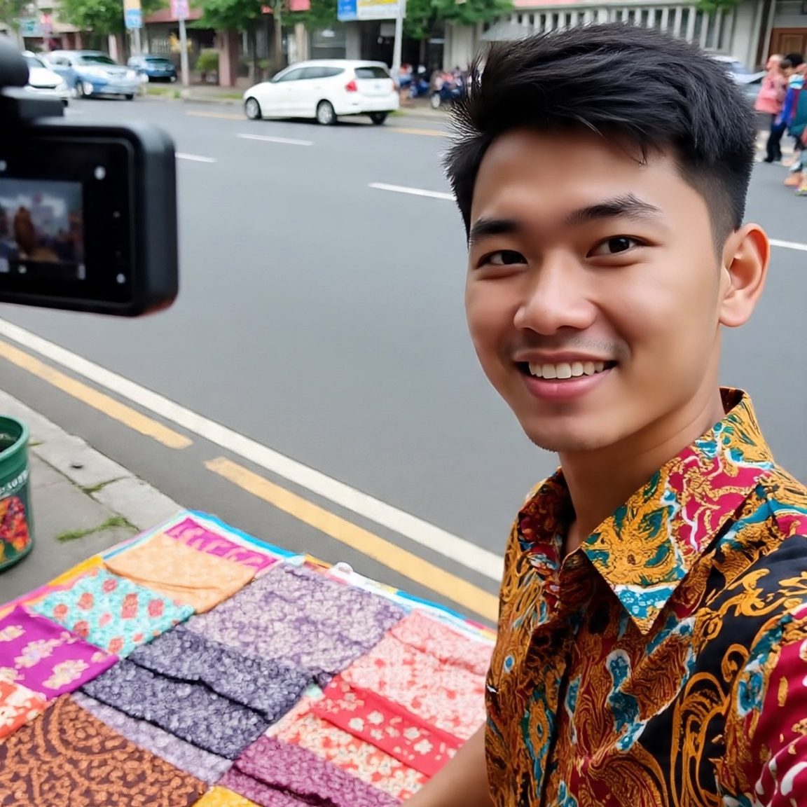 Ilustrasi seorang solopreneur sedang berkreasi konten menjual barang dagangannya.