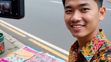 Ilustrasi seorang solopreneur sedang berkreasi konten menjual barang dagangannya.