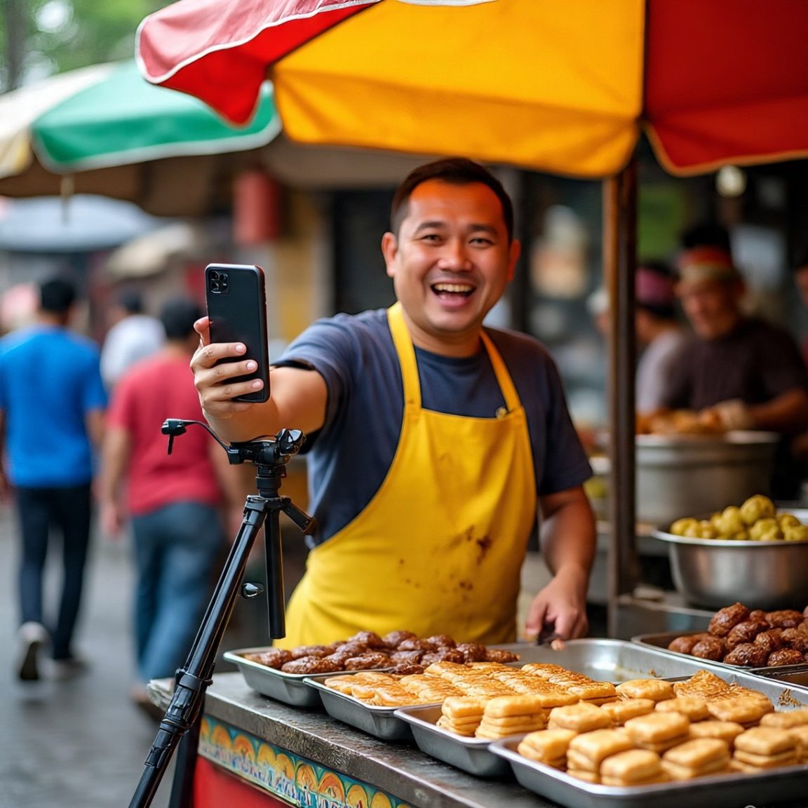 Ilustrasi penjual kue yang notabene adalah solopreneur sedang berjualan sambil live instagram