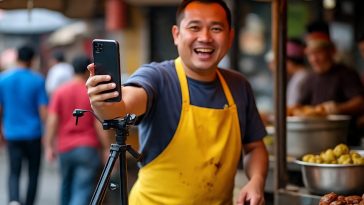 Ilustrasi penjual kue yang notabene adalah solopreneur sedang berjualan sambil live instagram