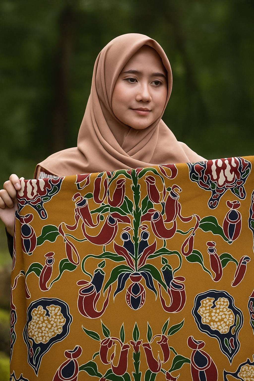 Batik Belitung motif Kantung Semar, flora endemik yang jadi simbol daya tahan dan identitas budaya khas pulau Belitung dan Kalimantan.