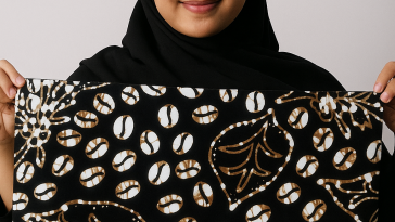 gambar wanita cantik Indonesia menggunakan hijab sambil membentangkan kain batik belitung motif biji kopi