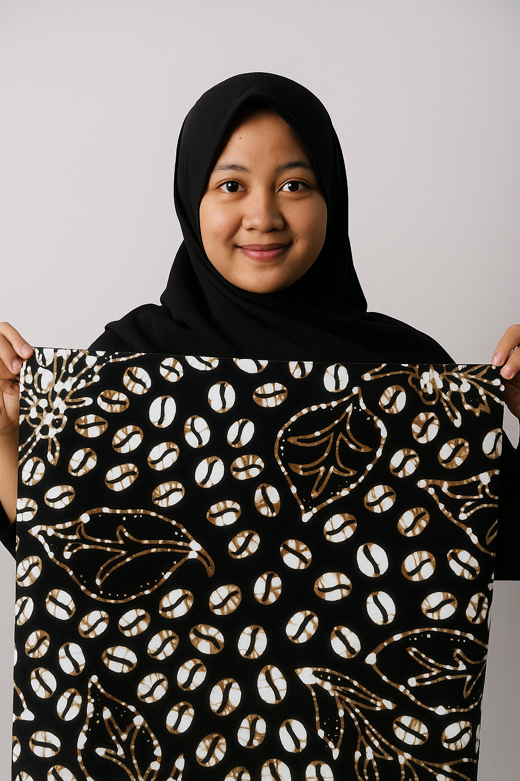 gambar wanita cantik Indonesia menggunakan hijab sambil membentangkan kain batik belitung motif biji kopi