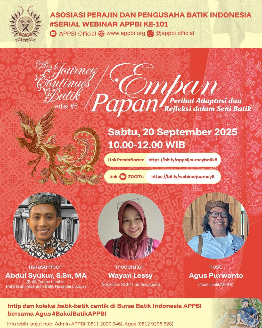 APPBI gelar Webinar "The Journey Continues Batik" bahas *Empan Papan*: adaptasi & refleksi dalam seni batik, 20 Sept 2025 via Zoom.