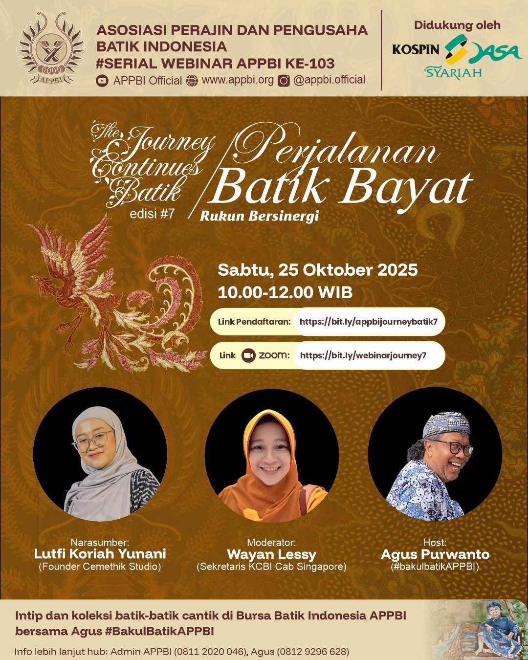 Webinar APPBI menelusuri perjalanan Batik Bayat bersama Lutfi Koriah Yunani, menghidupkan kembali semangat rukun dan sinergi tradisi.