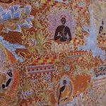 Motif batik “Pencerahan Sidharta Gautama” Afif Syakur menghadirkan simbol mudra dan motif candi sebagai renungan spiritual menuju pencerahan.