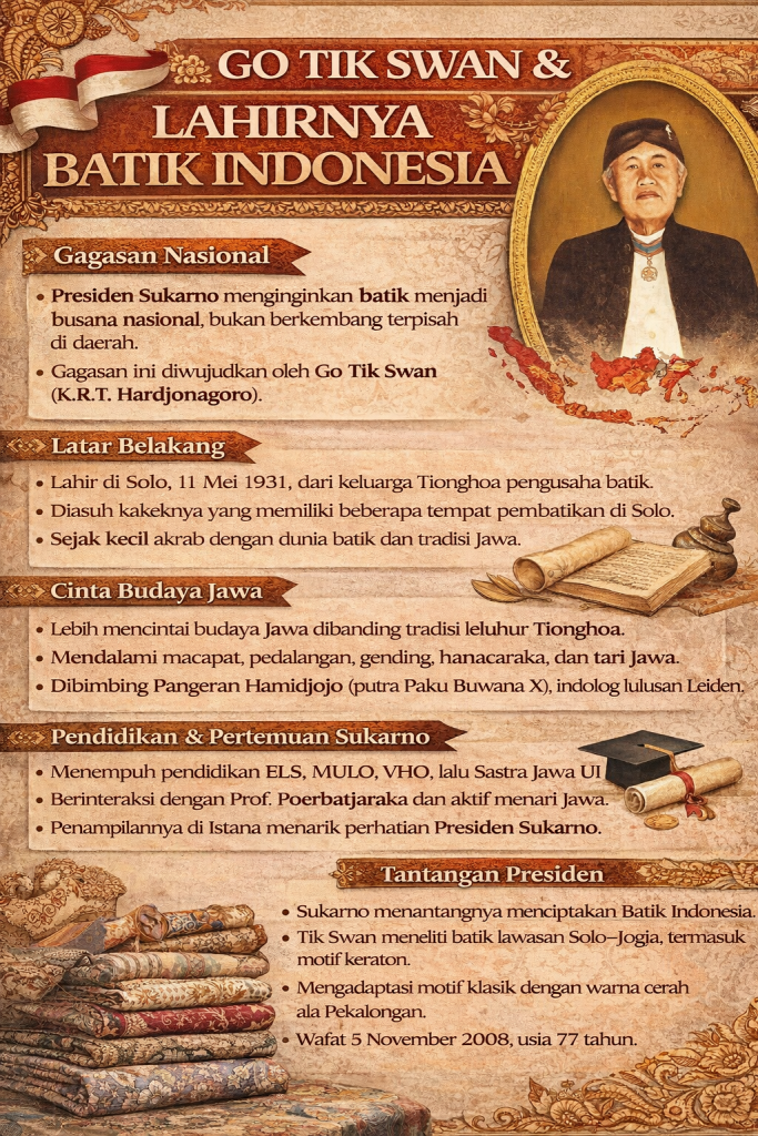 Go Tik Swan adalah maestro batik Surakarta, pelestari dan periset batik klasik Nusantara yang menjaga warisan budaya Indonesia.
