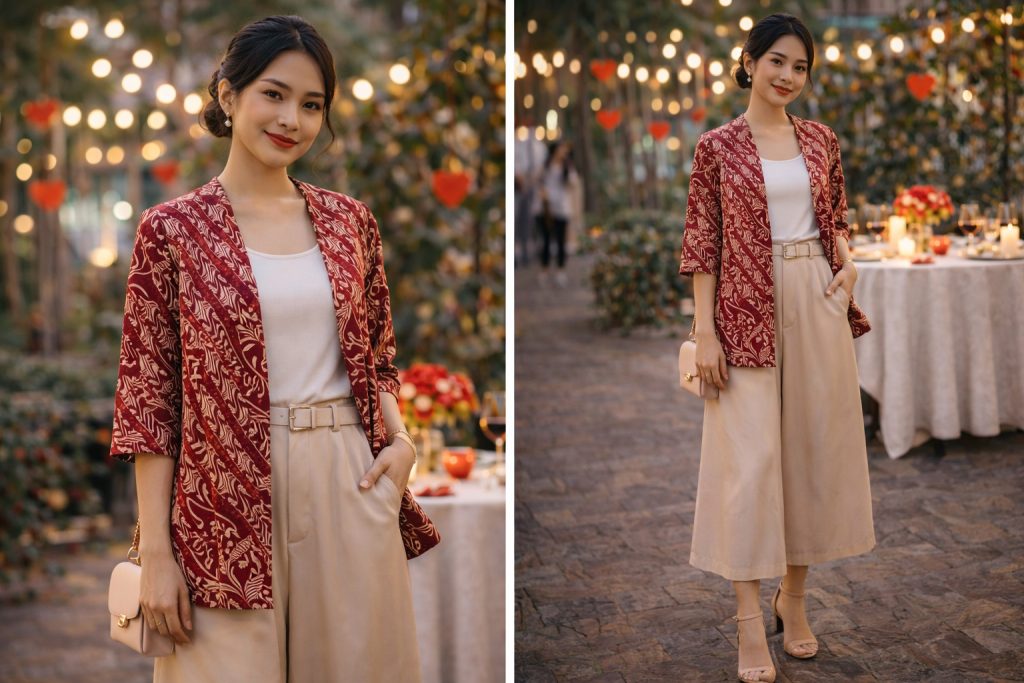Inspirasi OOTD batik Valentine: romantis, elegan, modern, dan tetap berbudaya untuk dinner, couple look, hingga gaya casual chic.
