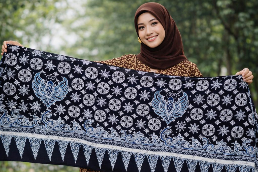 Buat gambar ukuran 1920 x 1080 piksel (landscape): Perempuan cantik Indonesia sedang membentangkan motif batik Kamis Legi