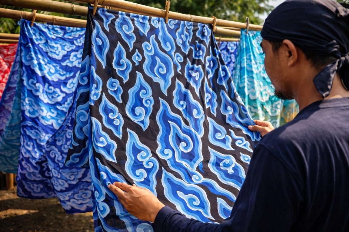 Teknik pewarnaan Batik Mega Mendung menghadirkan gradasi lembut nan tegas melalui kontrol indigosol dan lapisan warna.