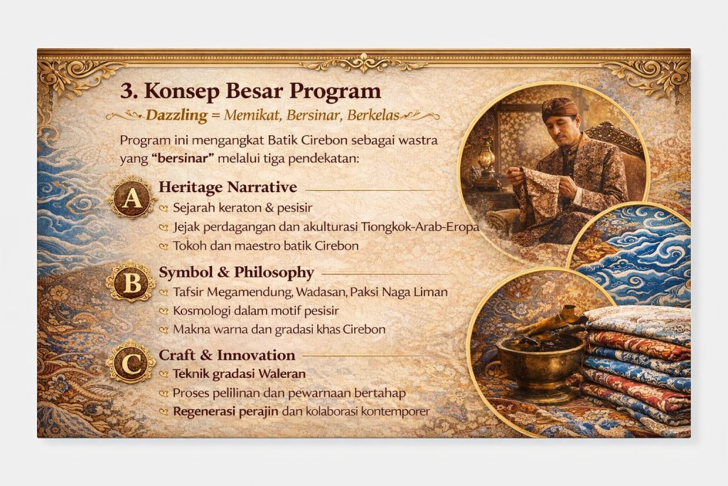 Gerakan kuratorial Batik Cirebon 2026 untuk premium identity berbasis heritage. Kolaborasi CSR & sponsor resmi dibuka.