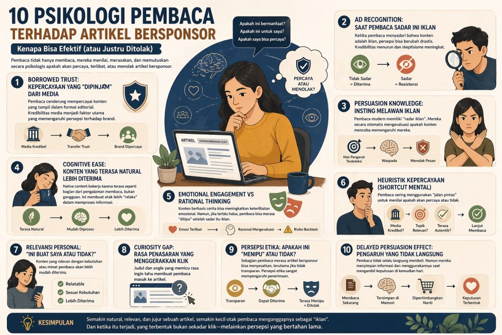 Psikologi pembaca menentukan sukses artikel bersponsor, dari trust, emosi, hingga persepsi manipulasi dalam konten.