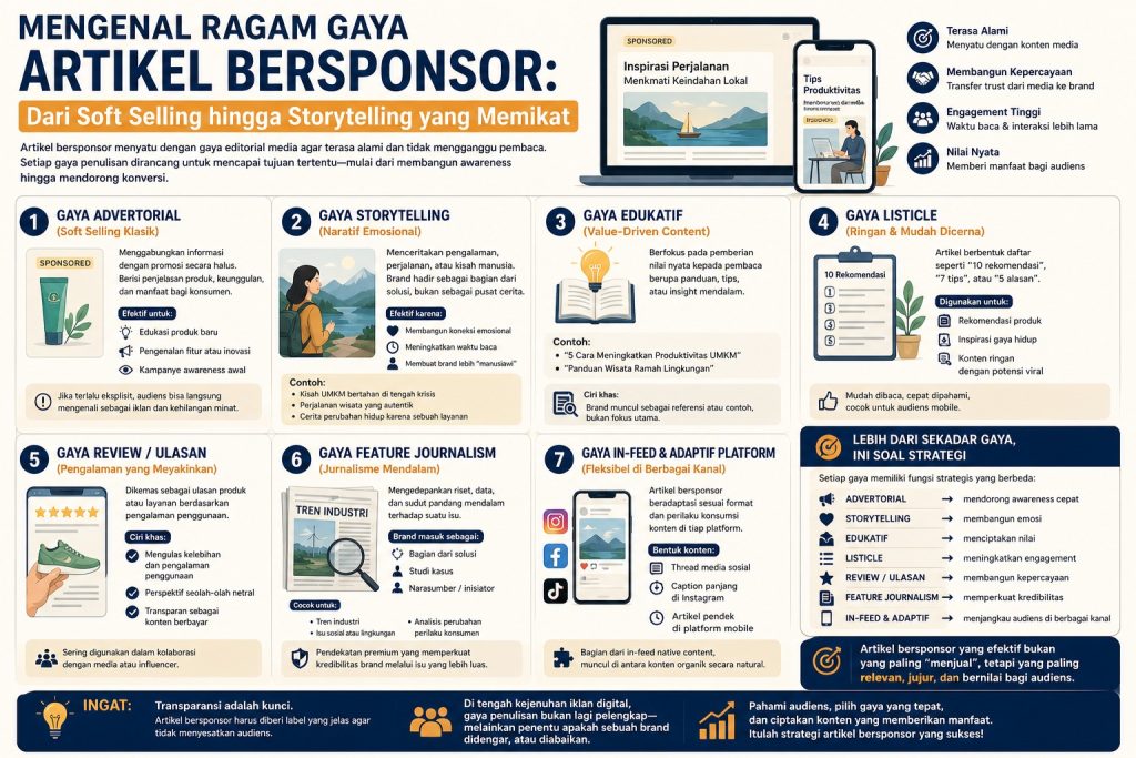 Kenali berbagai gaya artikel bersponsor dari advertorial hingga storytelling untuk strategi konten yang efektif dan membangun kepercayaan.