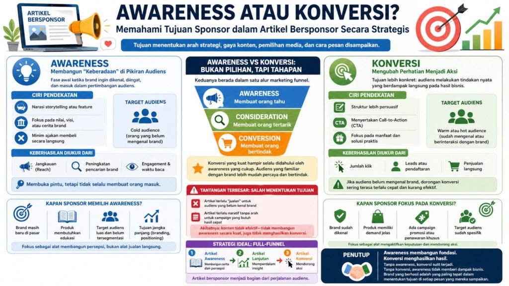 Pahami perbedaan tujuan awareness dan konversi dalam artikel bersponsor serta strategi memilih pendekatan yang paling efektif.