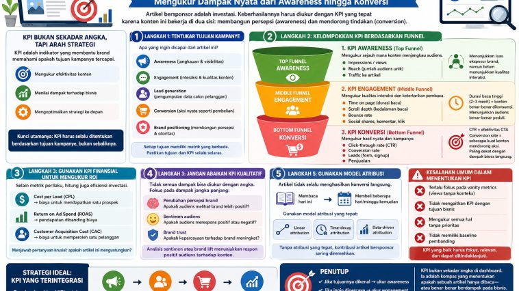Pelajari cara menentukan KPI artikel bersponsor secara strategis, dari metrik awareness, engagement hingga konversi dan ROI.