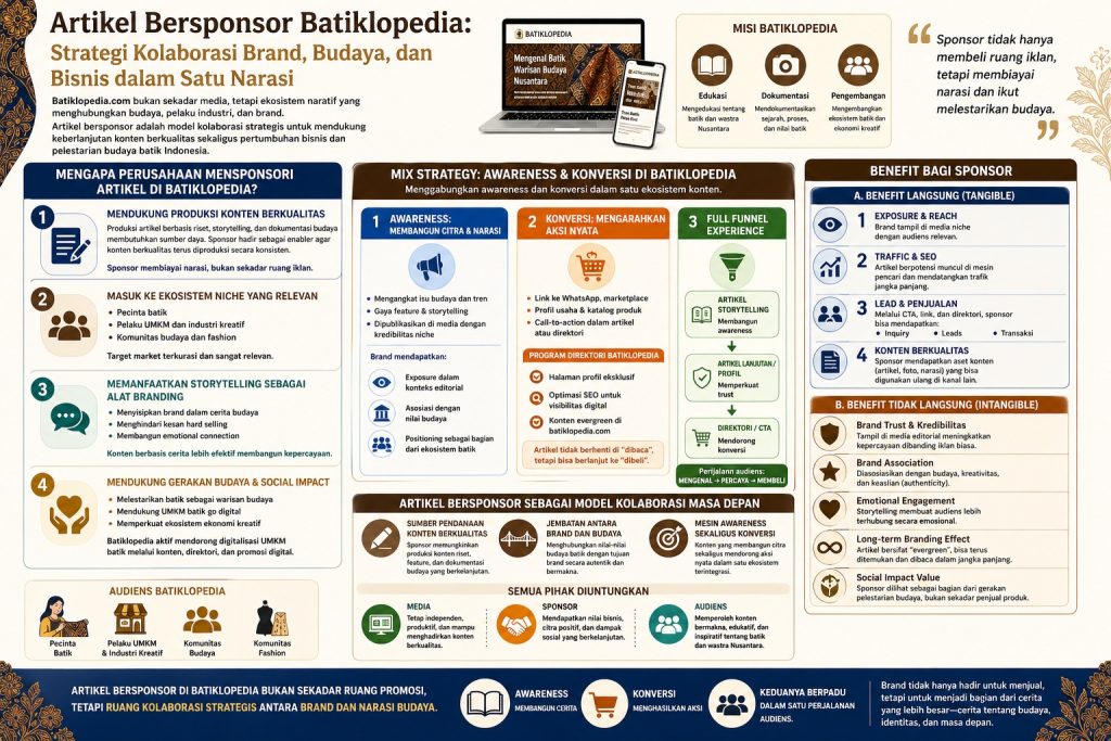 Pelajari strategi artikel bersponsor di Batiklopedia, tujuan sponsor, serta manfaat awareness dan konversi bagi brand.