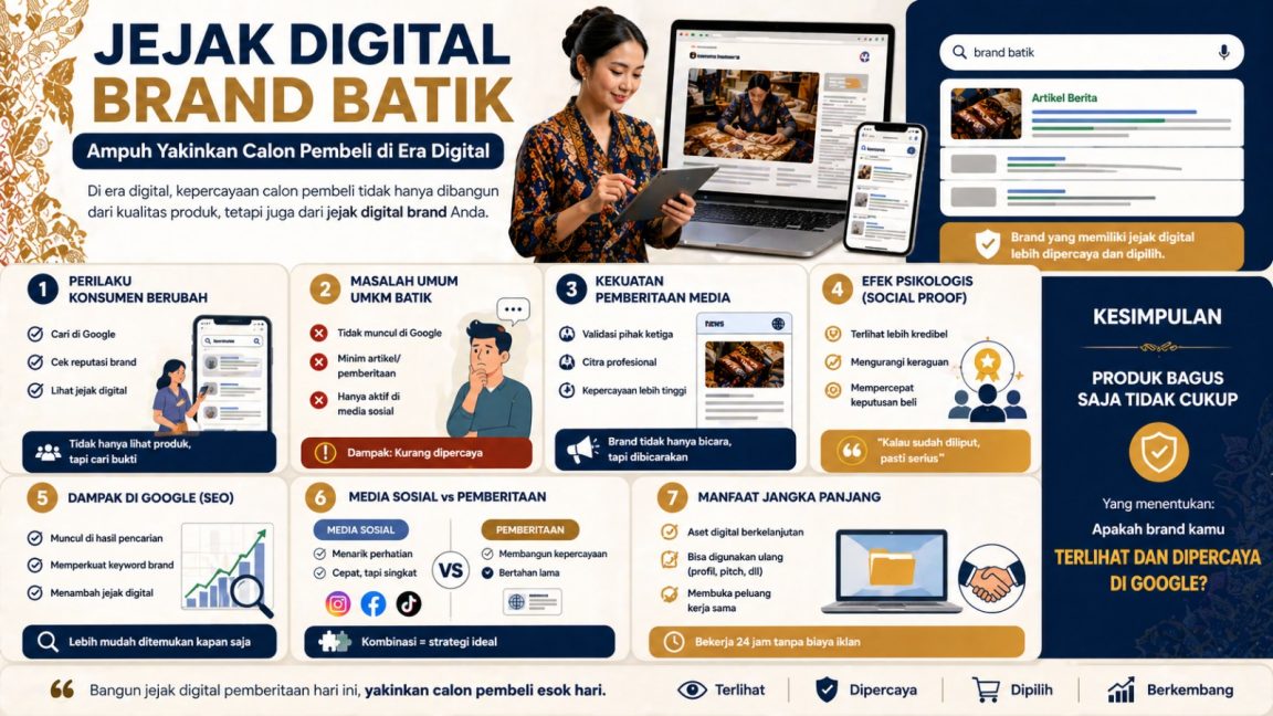 Jejak digital pemberitaan brand bantu yakinkan calon pembeli batik. Simak peran media online dalam membangun kepercayaan bisnis.