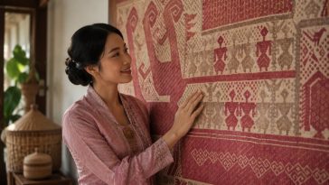 Motif kapal pada kain Tampan Lampung diolah menjadi busana batik kontemporer dengan filosofi perjalanan hidup manusia.