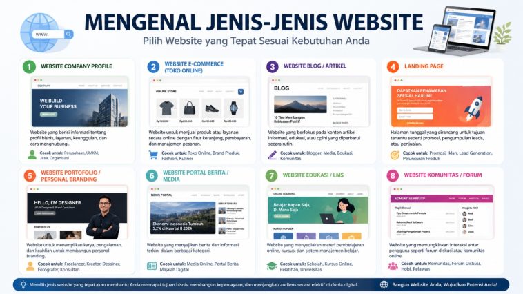 Pelajari jenis-jenis website dan fungsinya untuk bisnis. Panduan lengkap memilih website yang tepat agar strategi digital Anda lebih efektif.
