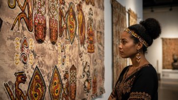 Motif Asmat pada batik Papua menggambarkan budaya suku Asmat yang terkenal dengan seni ukir dan tradisi khasnya.
