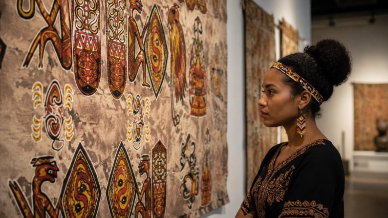 Motif Asmat pada batik Papua menggambarkan budaya suku Asmat yang terkenal dengan seni ukir dan tradisi khasnya.