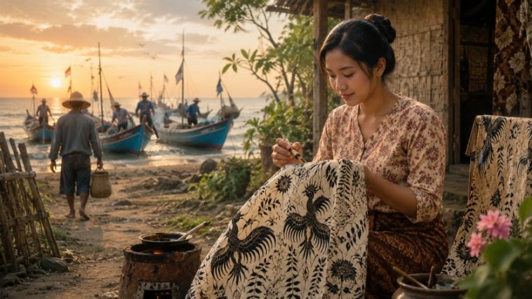 Batik Paoman Indramayu lahir dari kehidupan pesisir dan doa para istri nelayan yang dituangkan dalam motif flora dan fauna laut.