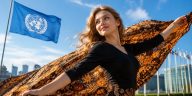 buat gambar ukuran 16:9. Konsep gambar: seorang wanita cantik rusia sedang mengibarkan kain batik di belakang dirinya. Di kejauhan nampak bendera unesco dan pbb yang sedang tak berkibar.