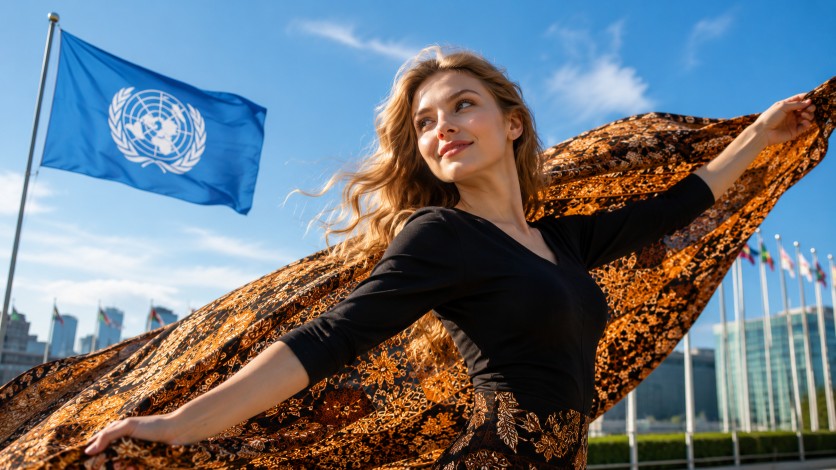 buat gambar ukuran 16:9. Konsep gambar: seorang wanita cantik rusia sedang mengibarkan kain batik di belakang dirinya. Di kejauhan nampak bendera unesco dan pbb yang sedang tak berkibar.