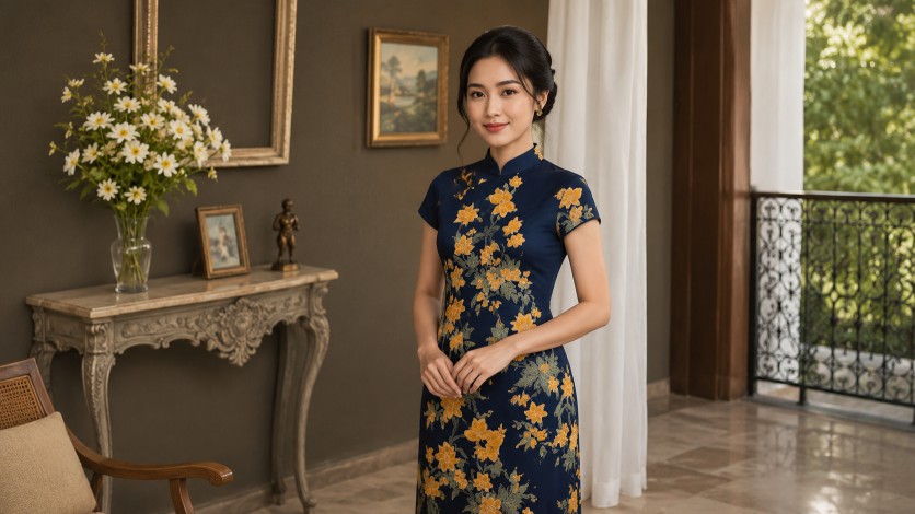 Buat gambar ukuran 16:9. Konsep foto: wanita cantik Indonesia mengenakan dress batik motif terlampir.