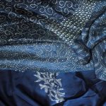 Teknik batik indigo menggunakan daun Indigofera tinctoria melalui fermentasi, reduksi, pencelupan dan pelorodan untuk menghasilkan warna biru.